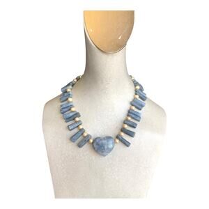 Blue Kyanite Stone Heart Pendant Statement Necklace With Gold Faux Pearl Beads